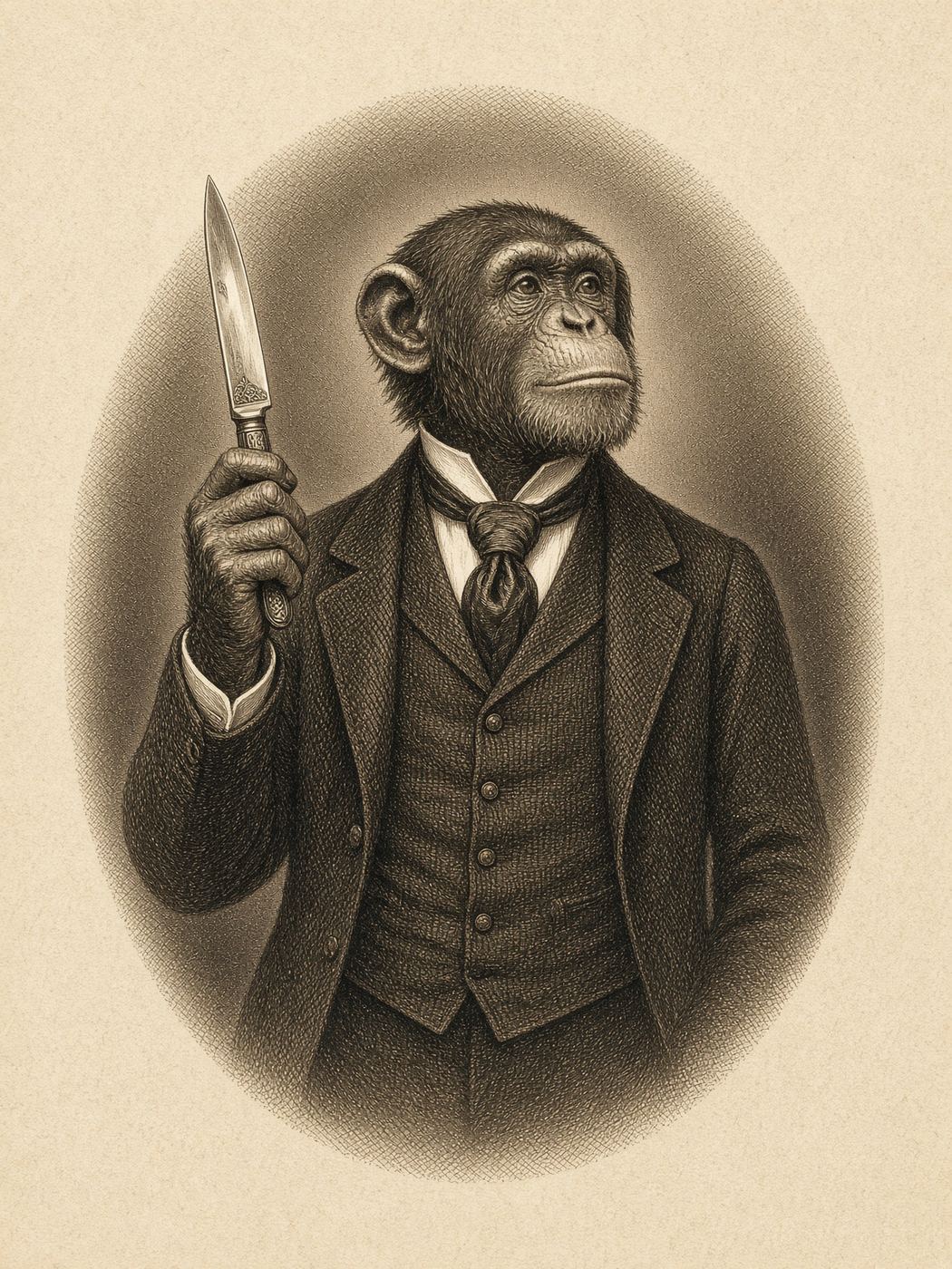 Engraved portrait of the Sunday Carver, a chimpanzee in waistcoat presenting a carving knife.