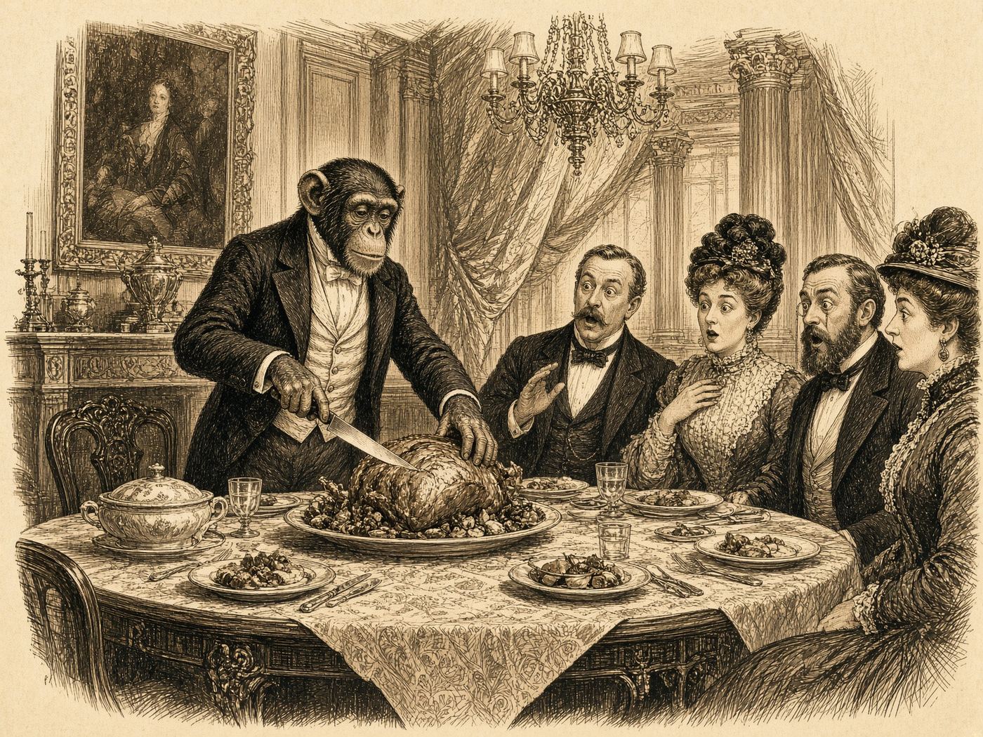 An engraved dining-room scene: a chimpanzee butler carves a roast while astonished Edwardian guests look on.