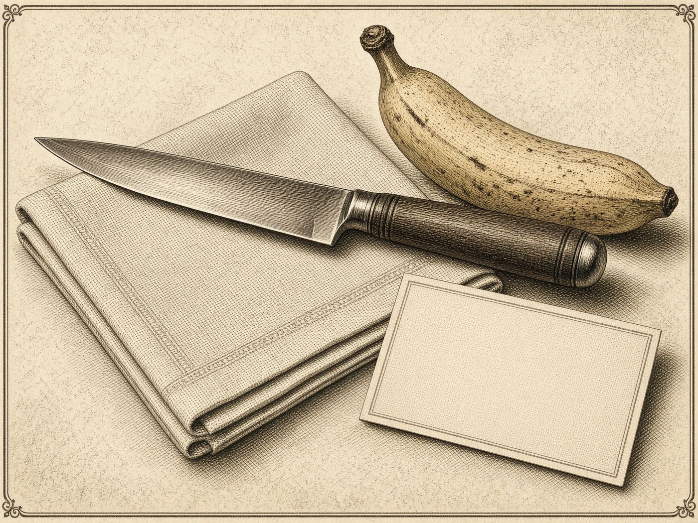 Engraved still life of a Sheffield carving knife, a banana, and a blank calling card on linen.